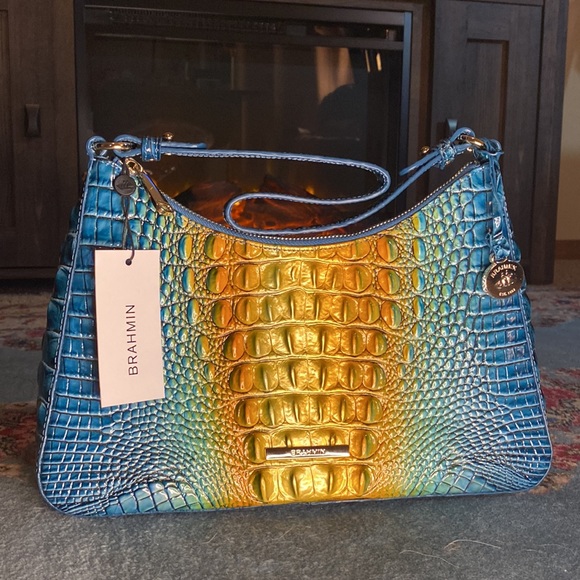 Brahmin Handbags - NWT Brahmin Shoulder Bag Bermuda Ombre Melbourne Turquoise Blue, Orange-Gold